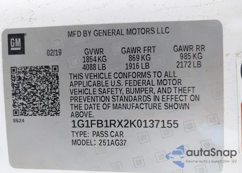 2019 Chevrolet Camaro 1Ls z USA, uszkodzony, nr VIN 1G1FB1RX2K0137155